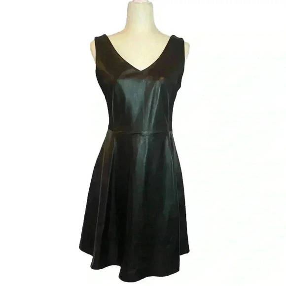 Lou Andrea Black Leather Dress V Neck Fit & Flare Short Mini Soft Lamb 40 M 8 - Picture 1 of 15